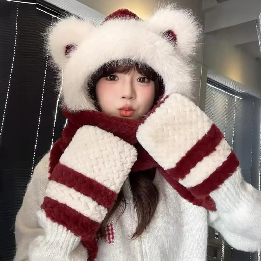

3 in 1 Hat Scarf Gloves Set Bear Ear Decor Thickened Plush Winter Hat Matching Scarf Gloves Solid Color Knit Hat And Glove Set