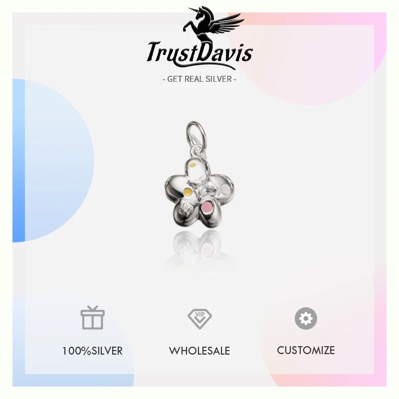 TrustDavis Real 925 Sterling Silver Cute sweet Flower Charm Pendant Handmade DIY Accessories Wholesale DZ1758