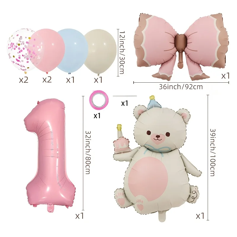 11Pcs Pink Matte Cake Bear Balloon Set with Large Bow 32 Inch Digital Aluminum Foil Balloons for Birthday Wedding Party Decorati