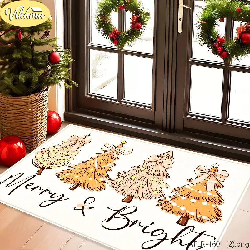 VIKAMA Christmas Doormat Cream Colored Hand Painted Christmas Tree Non Slip Entryway Rug Washable Cozy Festive Home Decor