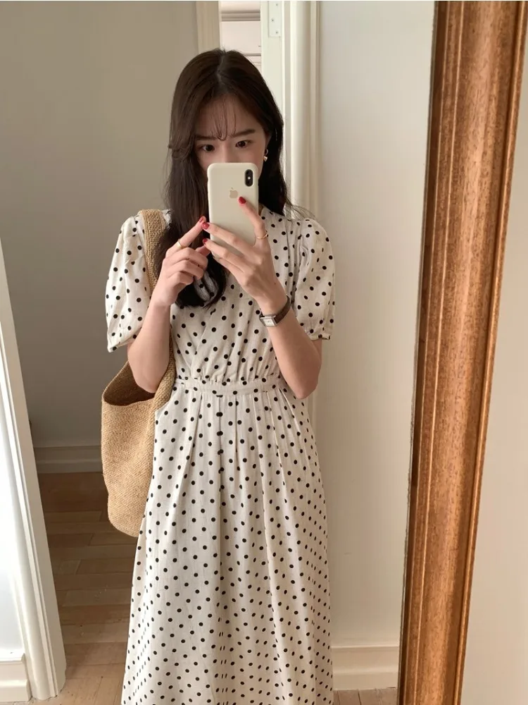 Cotton Linen Women's Summer Polka Dot Long Dress High Waist Drawstring Belt V Neck Midi Sundress Female 2025
