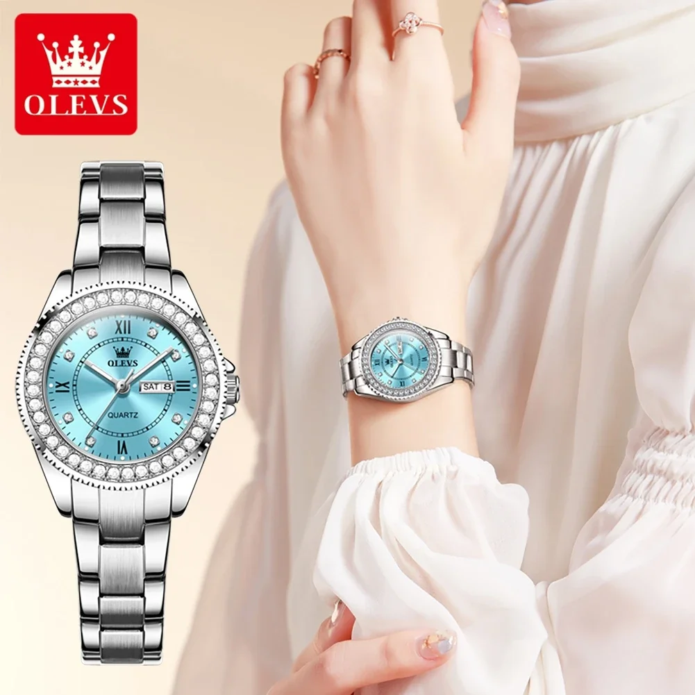 OLEVS Top Brand Fashion Quartz Watch for Women Stainless Steel Waterproof Week Date Diamond Dial Luxury Original Woman Watches