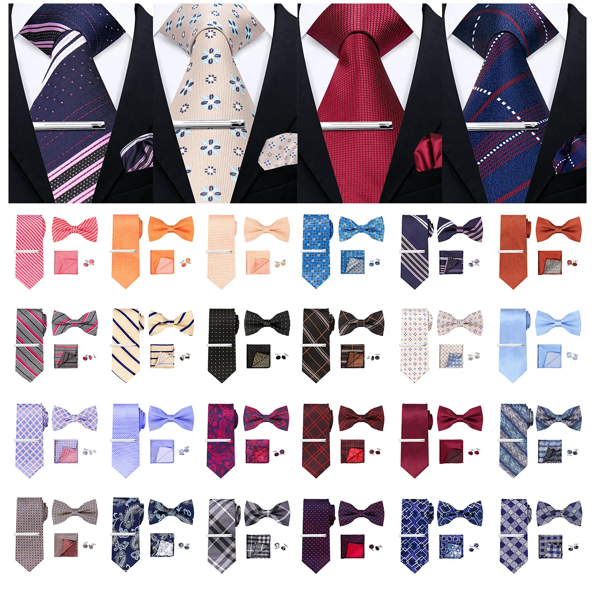 

Men Business Tie Set Classic Plaid with Bow Tie Cufflinks Pocket Square Tie Clip Wedding Suit High Quality 5 Pcs Formal Gravata