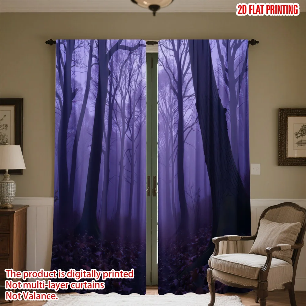 

2D flat printing 2pcs Curtain Misty Twilight Forest Digital Printed Polyester Drapes Festive Curtains Perfect for Indoor