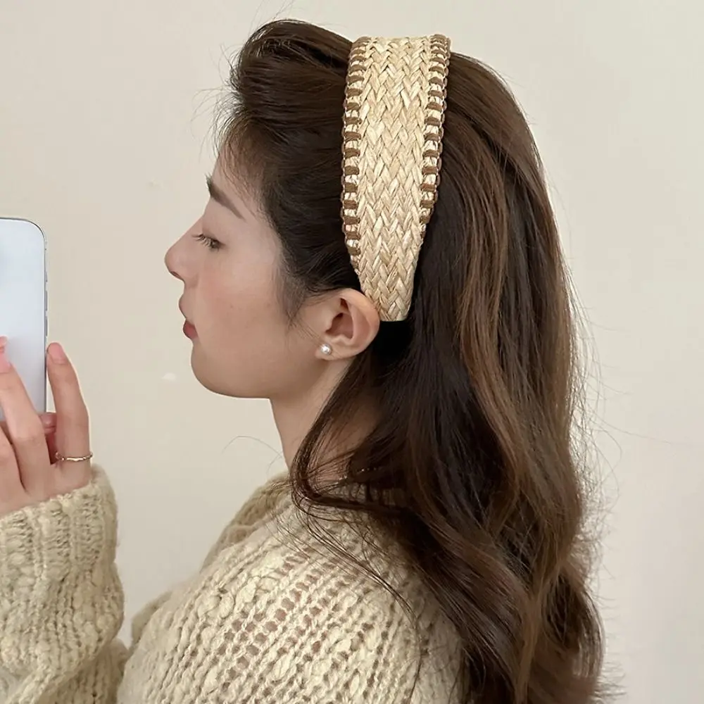 Wide Edge Straw Weave Headband Bohemia Vacation Style Raffia Grass Hairband Woven Korean Style Bohemian Style Hair Hoop Headwear