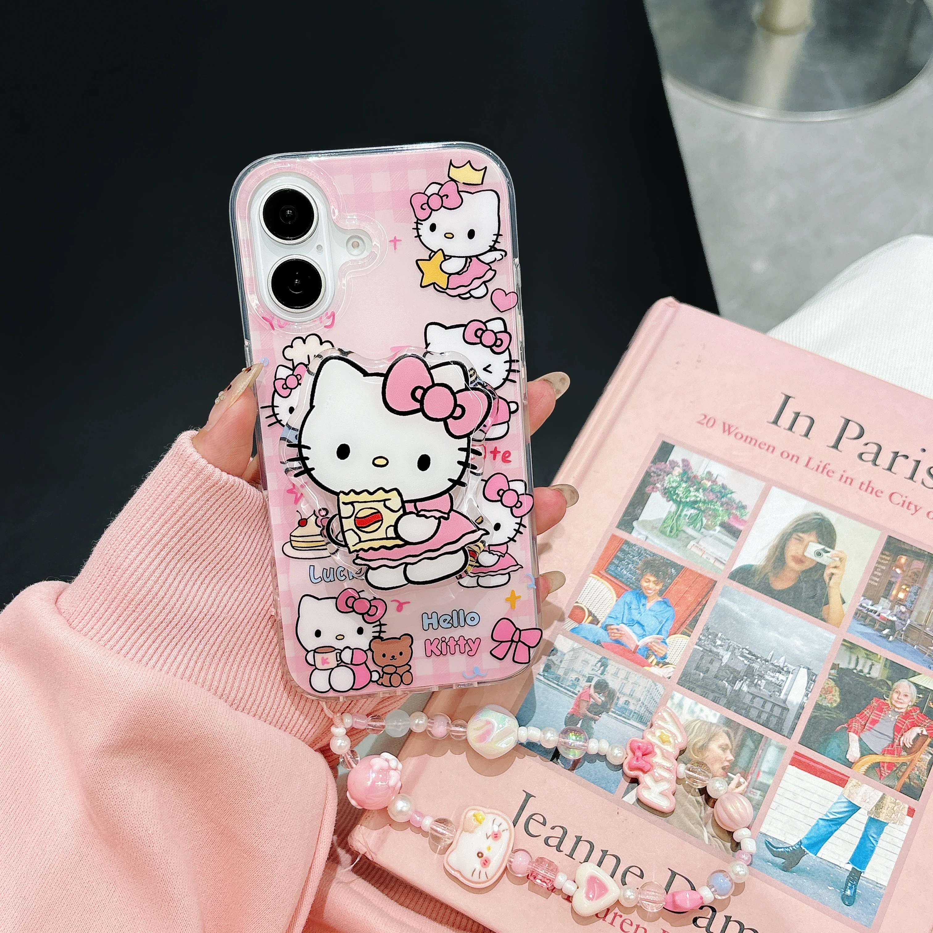 Cute Pink Hello Kitty 3D Cartoon Holder Stand Phone Case For iPhone 16 14 13 15 Pro Max Shockproof Bumper With Wrist Strap Cover