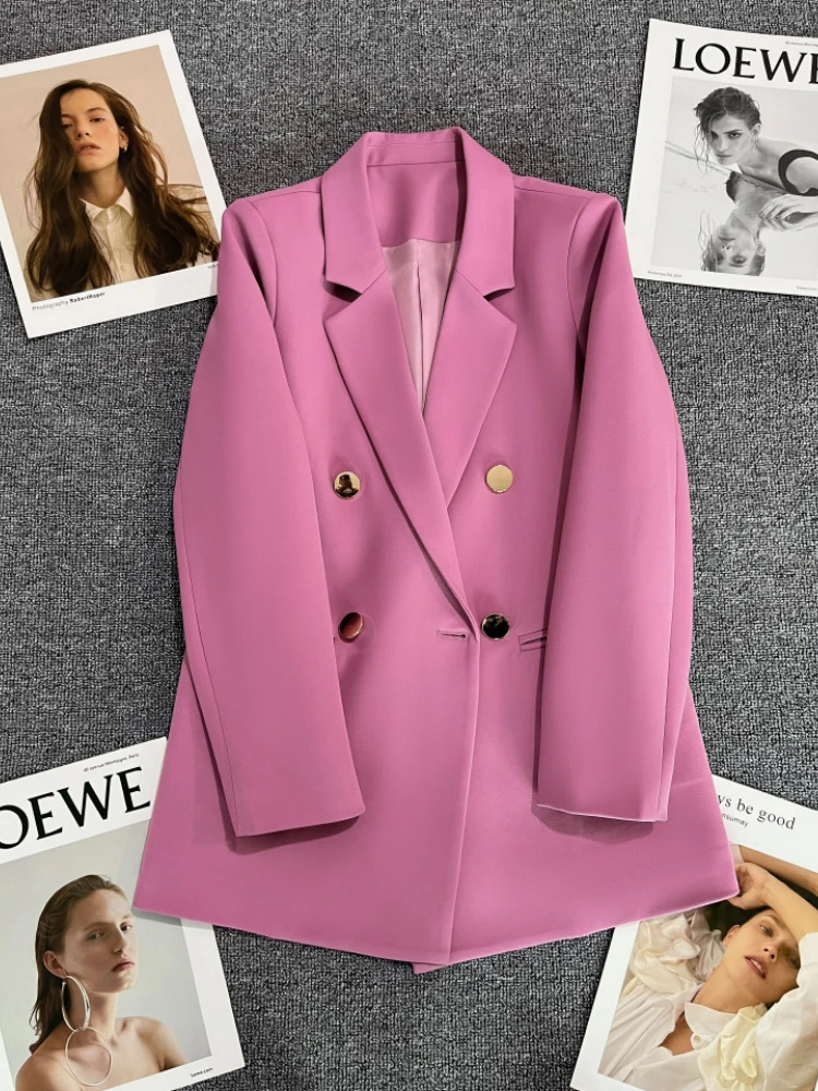 Purple Pink Metal Button Suit Coat New British Style Design Feeling Double-breasted Suit In Spring and Autumn Blazer Women