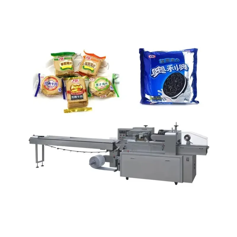 

Automatic Plastic Bag Horizontal Pillow Wafer Double Sandwiching Packaging Flow Wrapper Biscuit Packing Machine