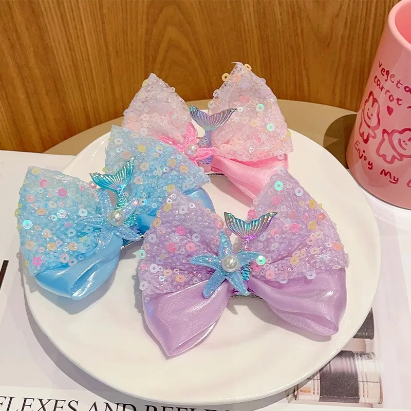 

Заколки для волос принцессы с блестками и русалкой для девочек, детские заколки для волос с большим бантом, заколки для выступлений, головные уборы, аксессуары для волос для девочек