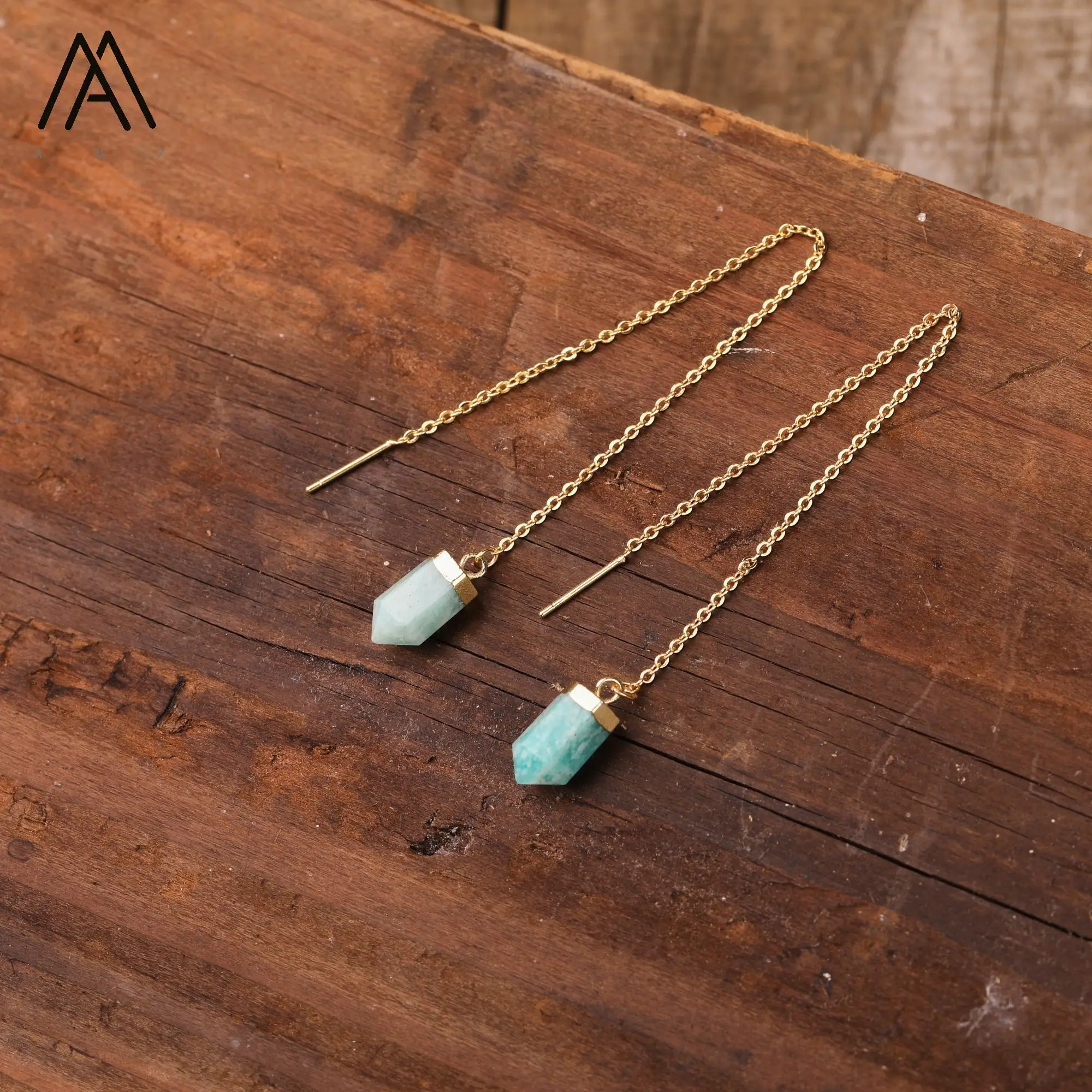 

Minimalist Earrings Natural Stone Amazonite Amethyst Healing Crystal Point Quartz Wire Earring Romantic Jewelry