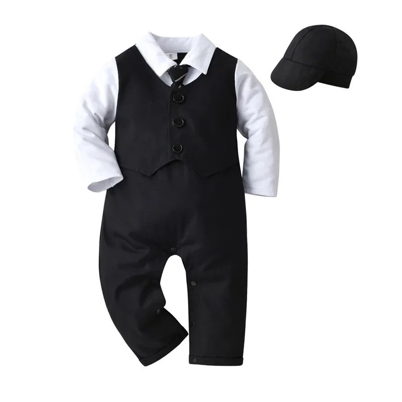 Baby Clothes Set Newborn Infant Designer Gentleman Suit Long Sleeve Romper Bodysuit with Tie Formal Outfit for Wedding