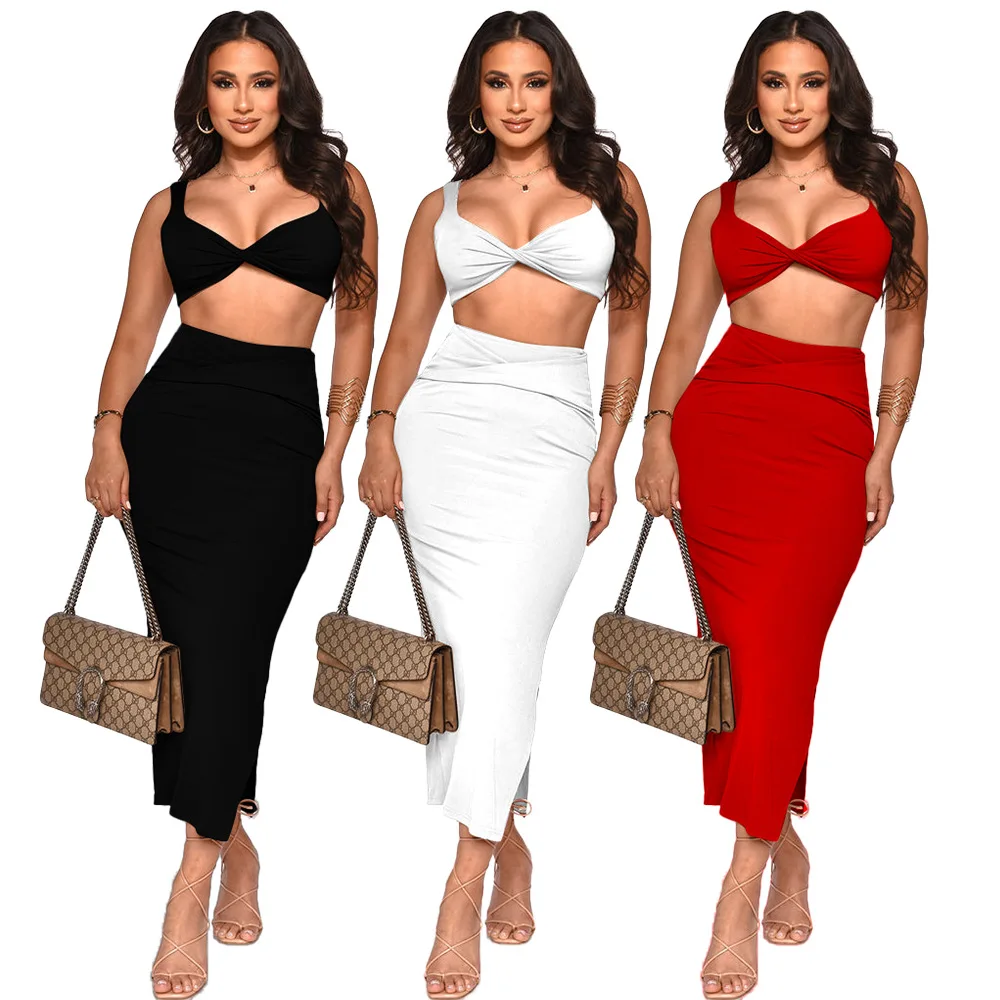 

2024 Summer Women Sexy Nightclub Mesh Sleeveless Tube Top Solid Color Skirt Set