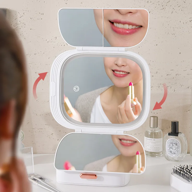 USB Rechargeable Folding LED Makeup Mirror - Rotatable Multifunctional Desktop Vanity Mirror with Lights for Bedroom
