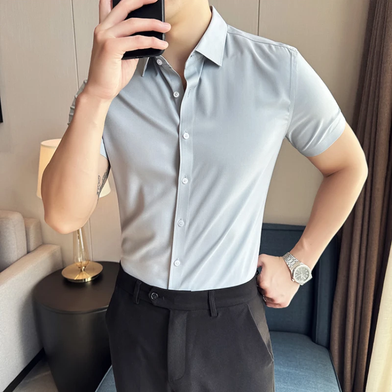 

Solid Color Seamless Elastic Shirt Men Summer Short Sleeve Slim Fit Shirts Fashion Casual Business Formal Dress Shirts M-4XL