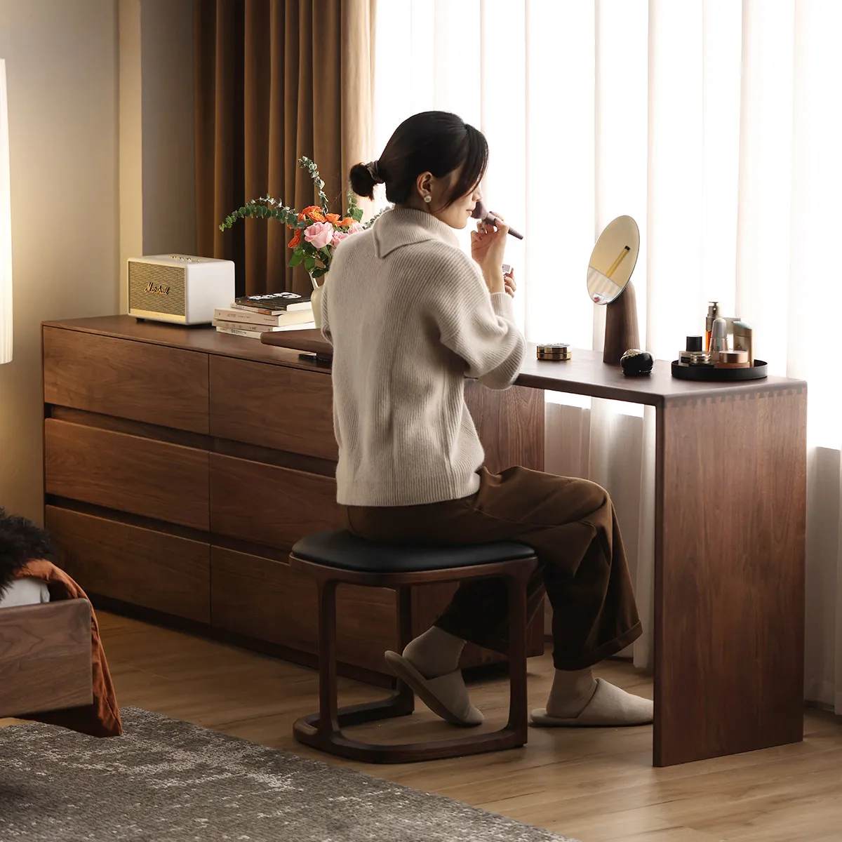 

✓x-North Black Walnut Customizable L-Shaped Modern Minimalist Retractable Solid Wood Dressing Table 6-Drawer Chest Drawers*