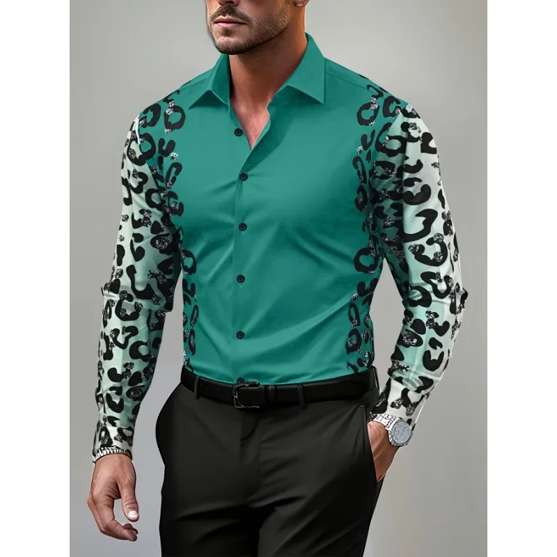 

3DMen's new spring and autumn four seasons business glitter pink leopard print trendy and fashionable classic long-sleeved shirt