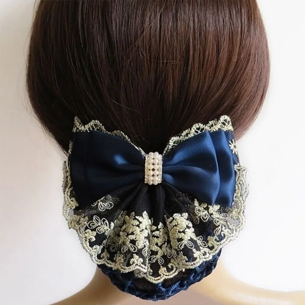 

Satin Women Floral Lace Barrette Pearl Flight Attendant Hairgrips Hair Clip Lace Bow Bow Hair Net
