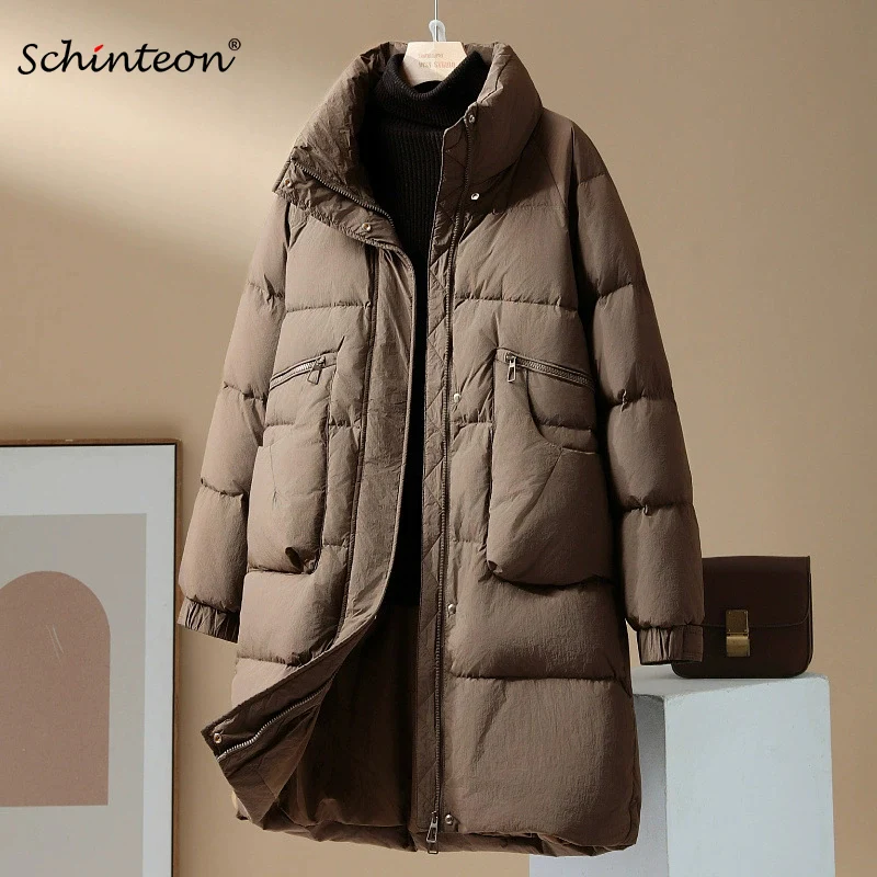 

Schinteon женская длинная куртка на белом утином пуху с воротником-стойкой, осень-зима, теплая плотная верхняя одежда, пальто в корейском стиле, 2024, новая мода