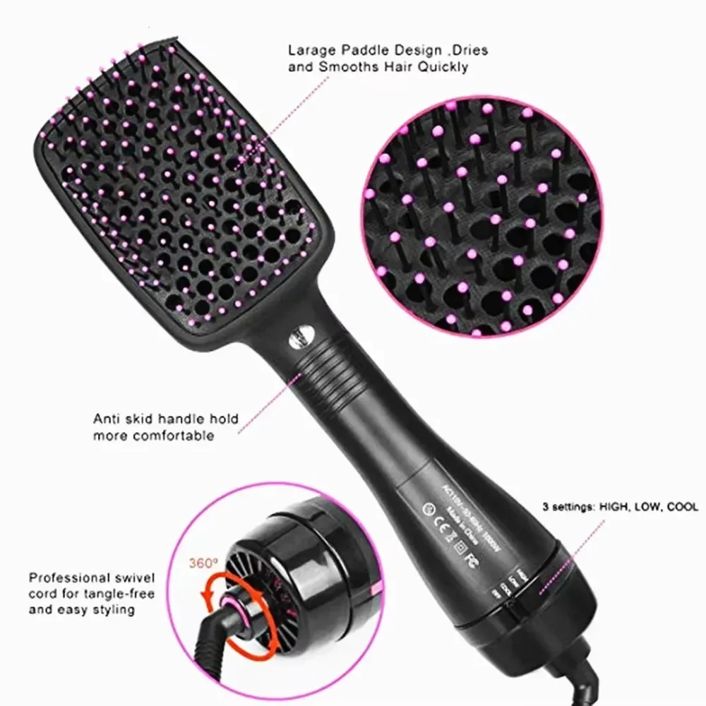 Hot Air Hair Dryer Brush Black and Pink Multifunctional Hairdryer One Step Ions Hot And Cold Air Wind Blow Dryer Brush With Comb