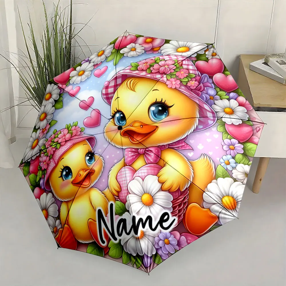 Custom Name  Cute Duck-Themed Colorful Umbrella Design Print 8 Iron Ribs Folding Umbrella Auto-Open Fashion Sunshade