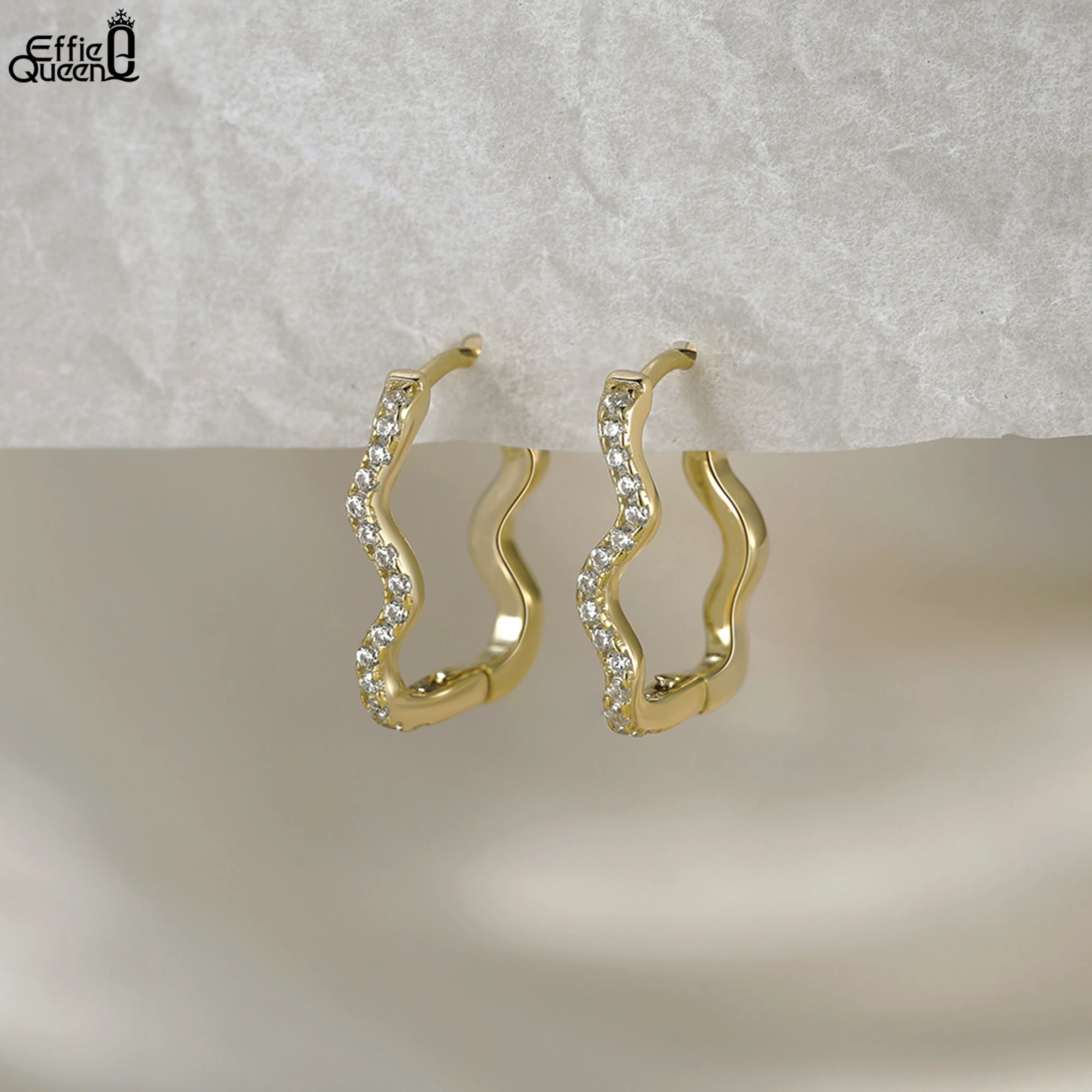 

Effie Queen 925 Sterling Silver 14K Gold Cute Hoop Earrings With Shining Zirconia Setting Unique Twist Style Party Gift APE135