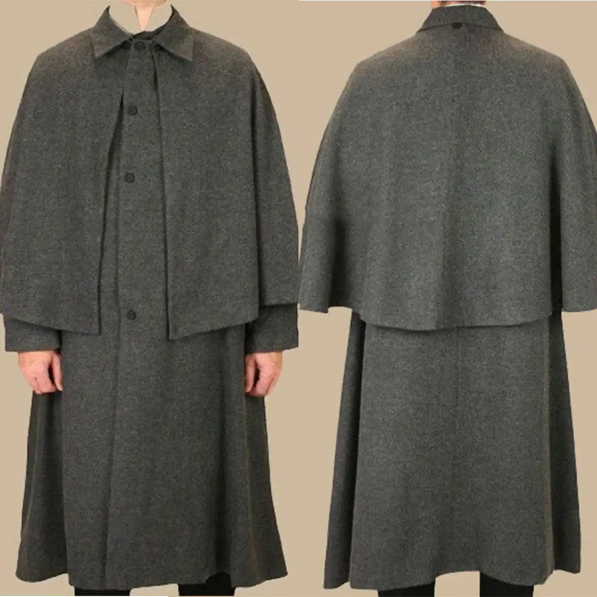 Customized Gray Woolen Mens Overcoat With Cloak Jacket Winter Warm Groom Long Coat Outdoor Wear Jacket One Piece