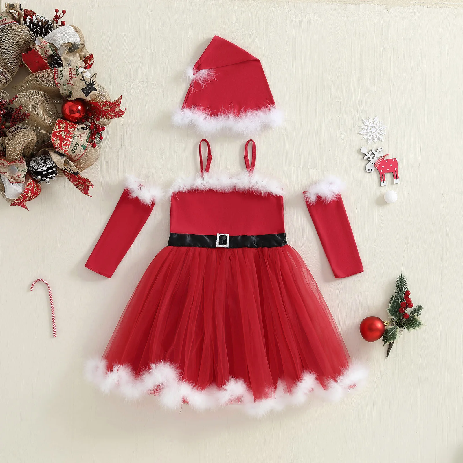 Tregren Kids Little Girls Christmas Outfit Fuzzy Trim Spaghetti Strap Tulle Dress + Santa Claus Hat + Arm Sleeves Winter Clothes