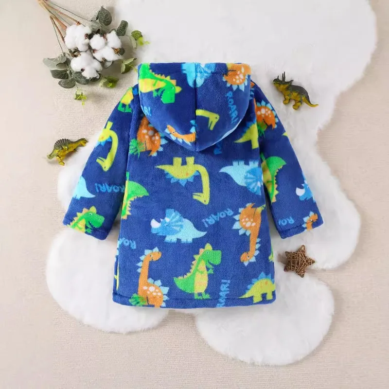 Boys Bathrobe Winter Autumn Hooded Flannel Robe for Kids Cartoon Print Loungewear for Baby Children's Nightgown Sleepwear