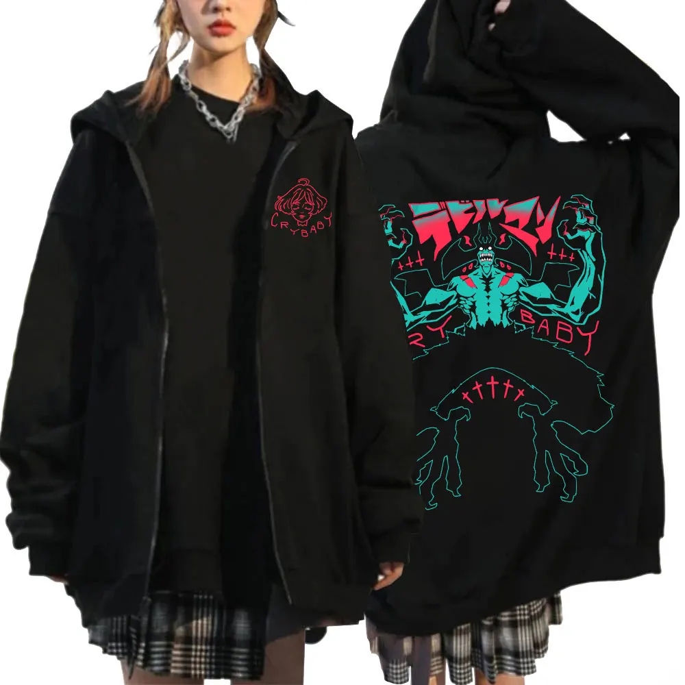 Anime Devilman Crybaby Fudou Akira Graphic Printed Hooded Men Women Zipper Hoodies Plus Size Sweatshirt Harajuku Zip Up Jacket