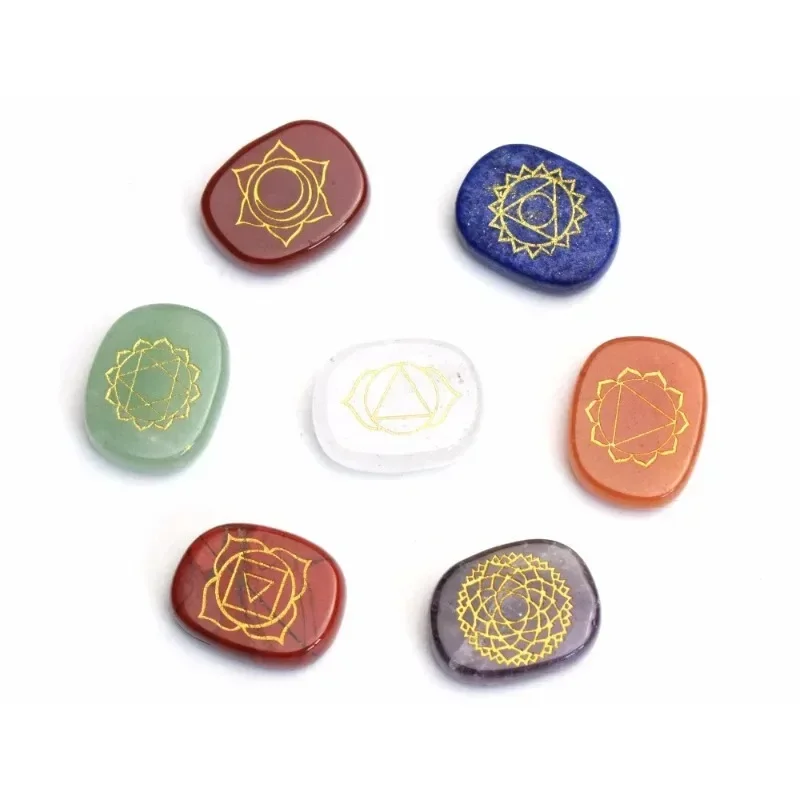 7 Pieces Chakra Stone Reiki Healing Crystal With Engraved Chakra Symbols Holistic Balancing Polished Palm Stone with Free Pouch