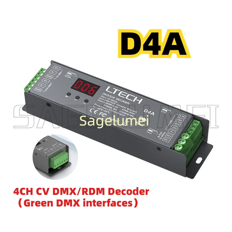 DC12-24V 6A/CH LTECH CV DMX/RDM-decoder 4-kanaals constante spanning 24A (4CH) LCD-scherm DMX512 Slave Green Terminal/RJ45-poort