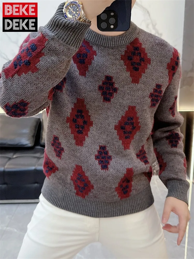 

Mens Knitwear Slim Fit Casual Autumn Winter Pullover Sweater Long Sleeve O Neck Diamond Plaid Vintage Harajuku Knitted Top Male