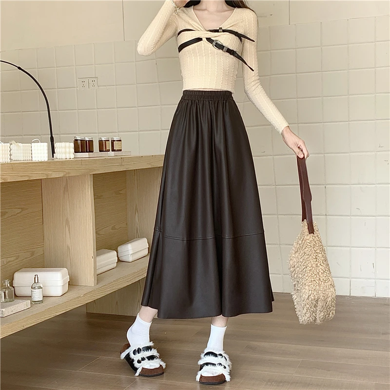 Hot Sale Women's High-Waist PU Leather Skirt A-Line Midi Skirt Loose Fit Autumn Winter Full Flounce Design Trendy Fashion