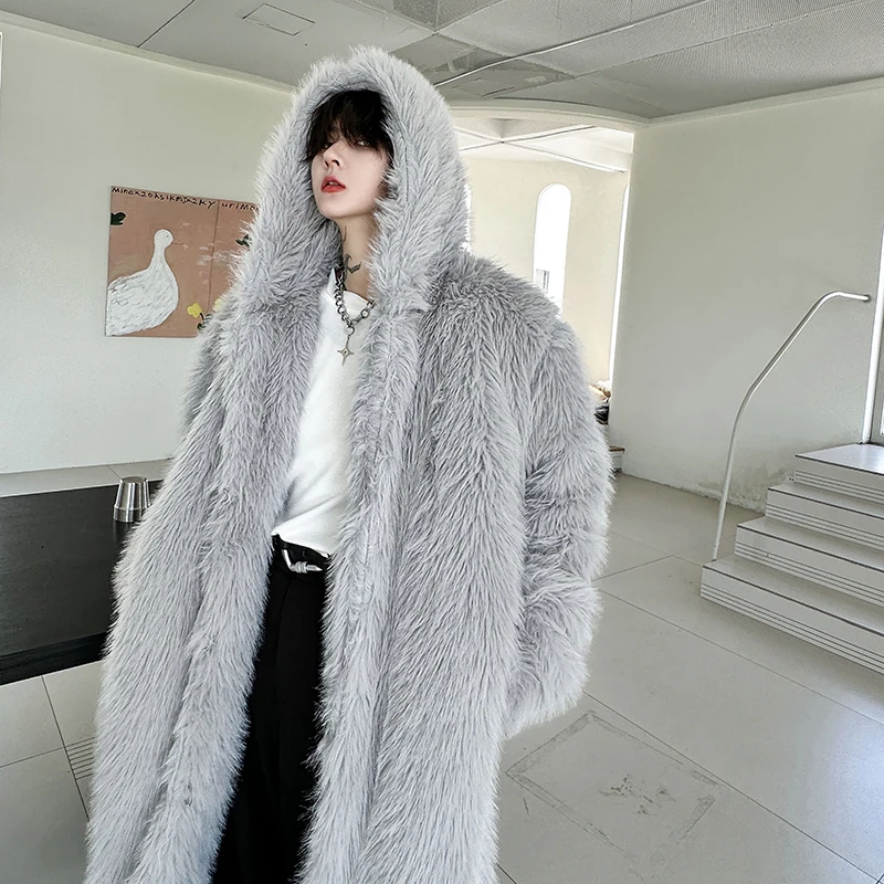 SYUHGFA Trend Men\'s Thickened Mid Length Faux Fur Coat Loose Oversize 2024 Winter Fashionable Woolen Windbreaker Over Kenee New