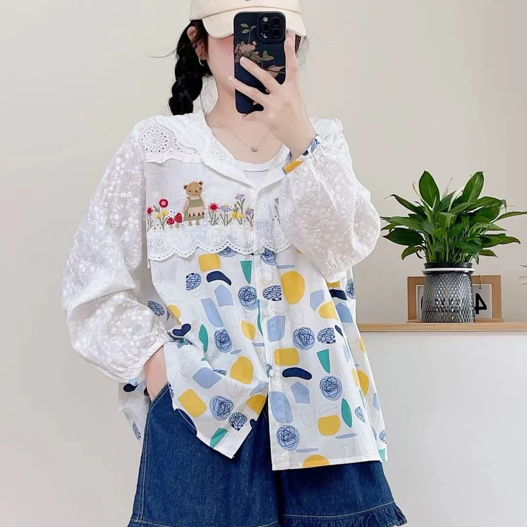 

Japanese Sweet Mori Girl Lace Cartoon Embroidery Print Patchwork Cotton Hooded Shirts Women Autumn Long Sleeve Casual Blouse Top