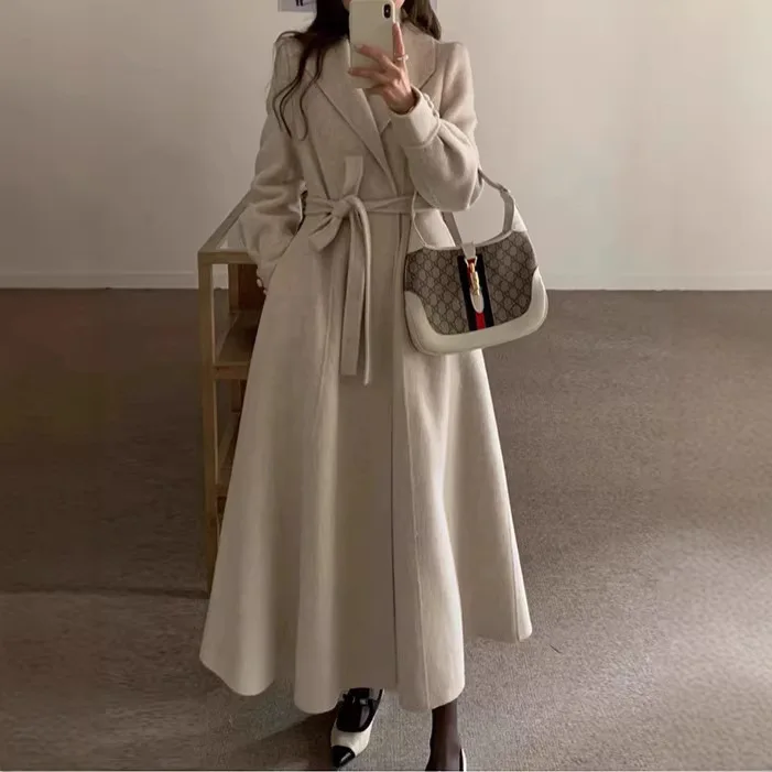 Double-sided Cashmere Coat for Women Loose Causal Coats Winter Jacket Female Notched Collar Belted Overcoat