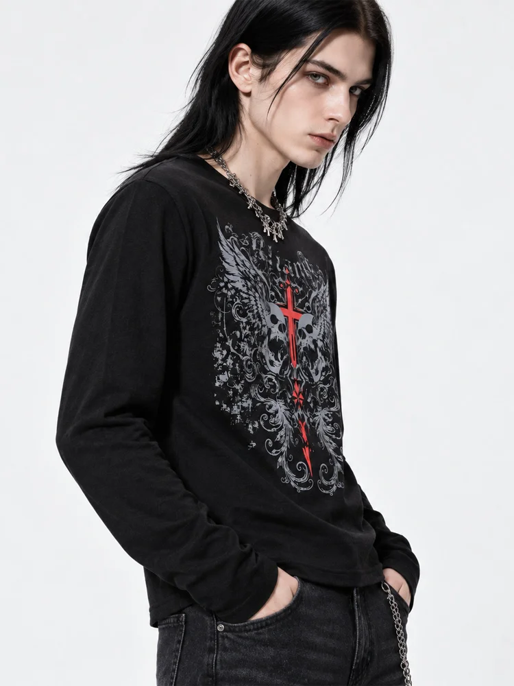 Fall Men Women Dark wear Waffle Knit Long Sleeve Tee Skull Cross & Wing Graphic Print Crew Neck Loose Fit Gothic Street Top