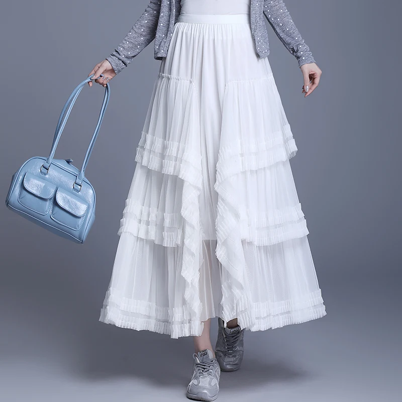 

Многослойная юбка-тортик с оборками, утягивающая, с широким подолом, длинная, двусторонняя, весенняя новинка, корейский стиль, с высокой талией