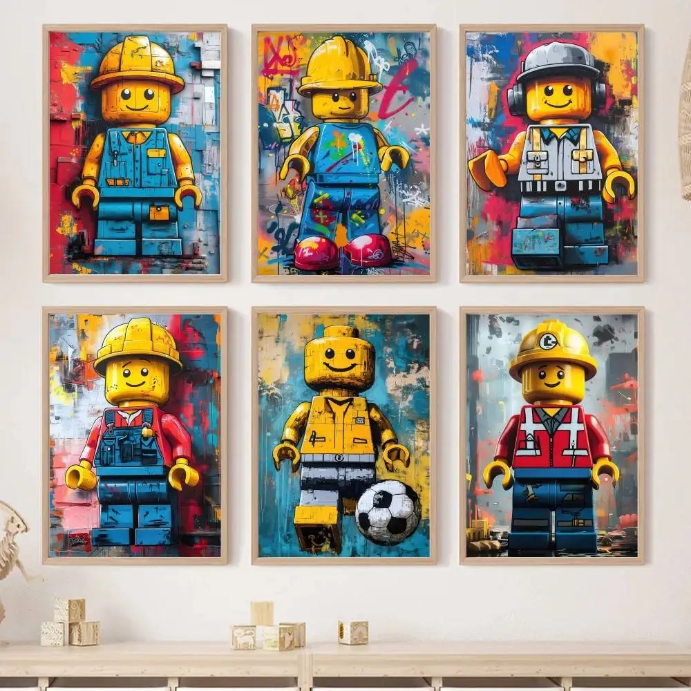 Street Graffiti Building Block Worker Poster Color Splash Mini Figure Print Construction Toy Wall Art for Playroom Home Decor