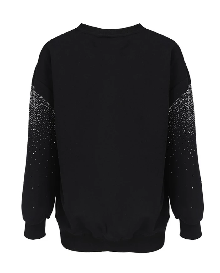 Black Round Neck Rhinestone Decorated Sweatshirt with Shiny Diamond Inlay Fashion Loose Fitting Pullover Long Sleeved Sweatshirt