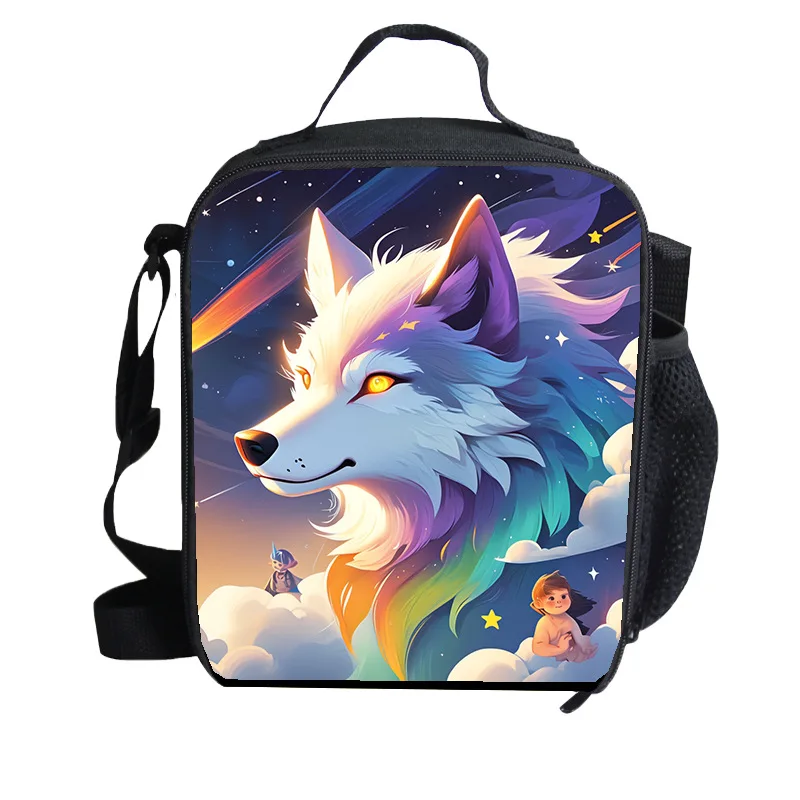กระเป๋าใส่อาหารกลางวันลายหมาป่าสำหรับเด็ก  แบบเรียบง่าย พกพาสะดวก สะพายข้าง  กระเป๋าเบนโตะ  กระเป๋าปิกนิก  กระเป๋าถือ