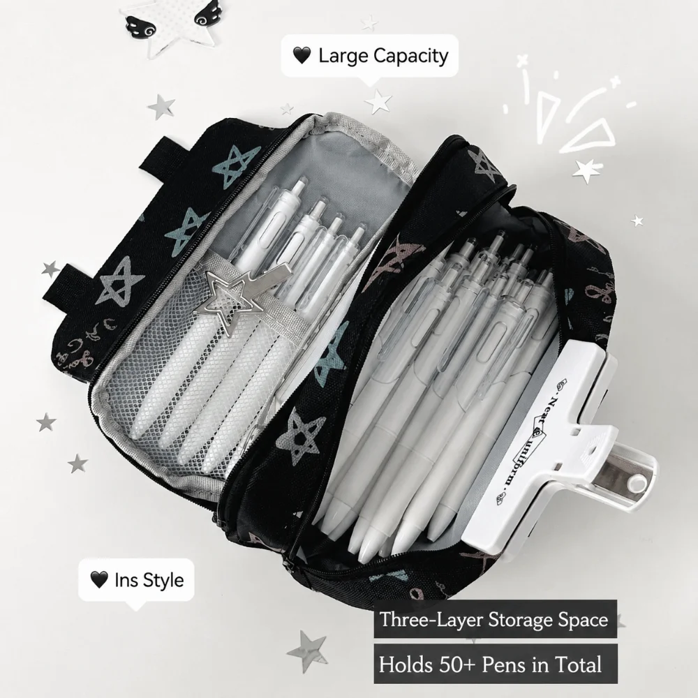 Minimalist Star Print Pencil Case Flip Design Large Capacity Pencil Pouch Stationery Bag School Supplies