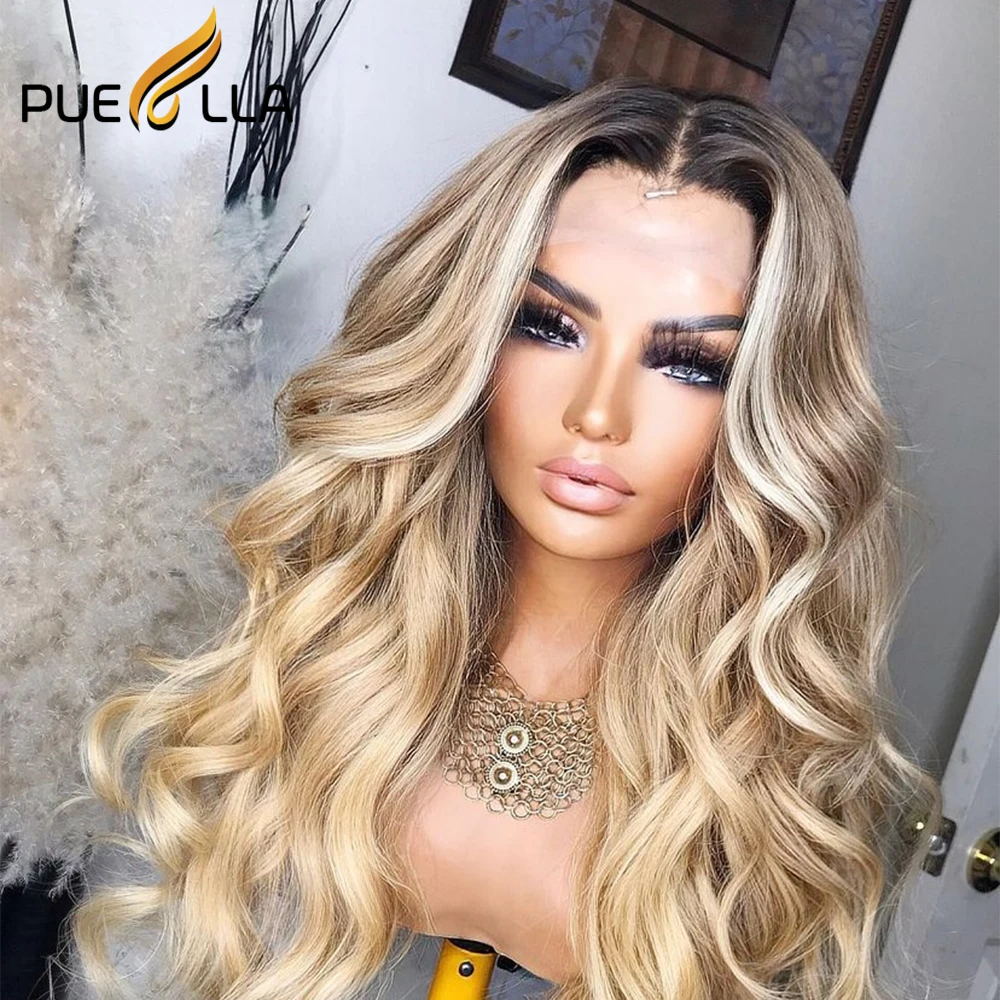 Renda transparan 13x6 Wig Frontal Body Wave Blonde Ombre Wig Brazilian untuk wanita 100% rambut manusia Hairline alami