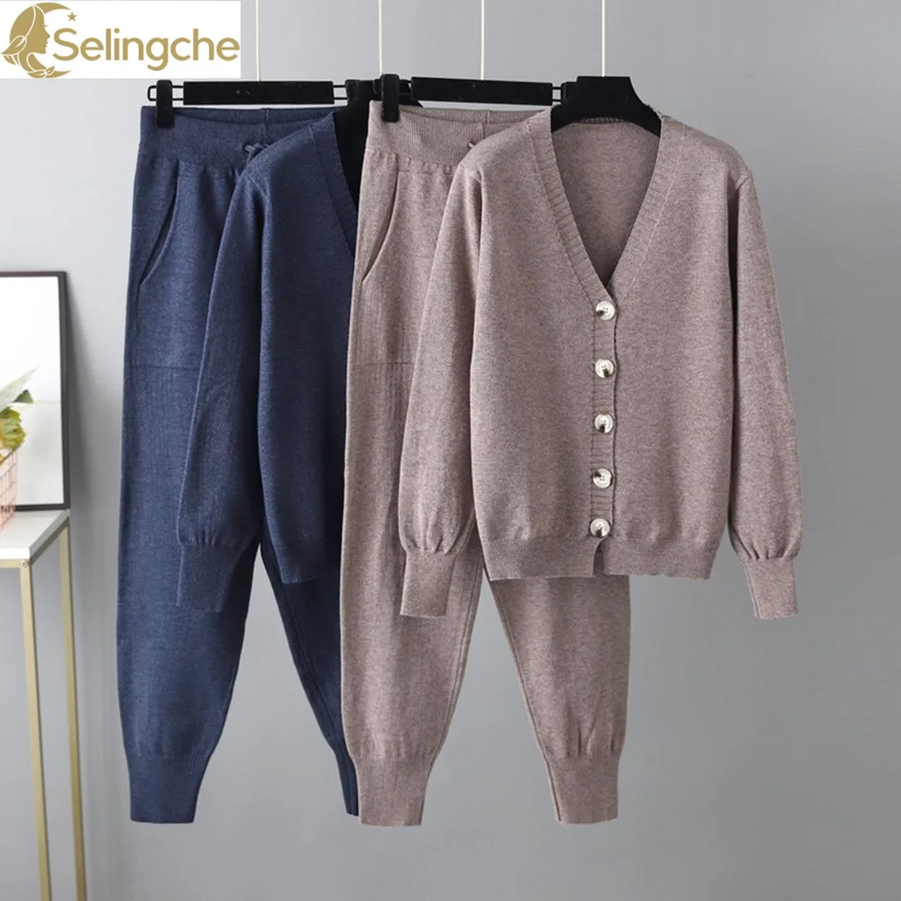 Autumn and Winter New V-neck Cardigan Sweater Harem Pants Set Solid Color Cardigan Sweater Two-piece Set