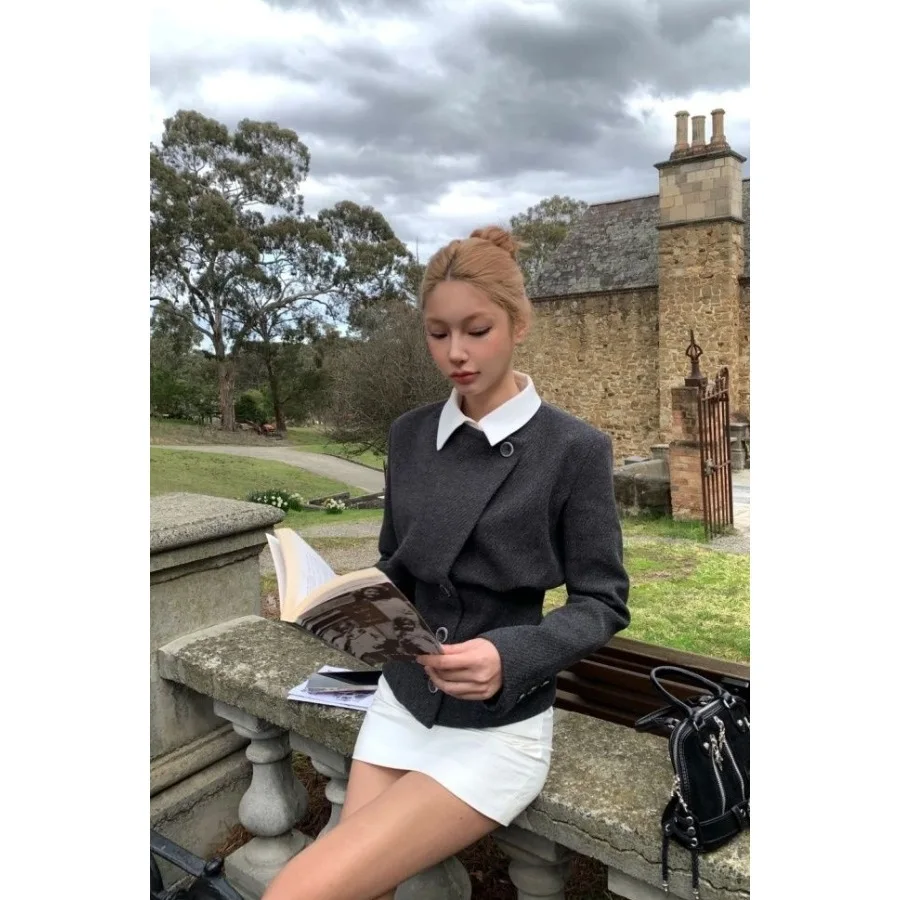 Women Fake Two Pieces Woolen Jacket Short Dress Outfit Suit Autumn Retro Slim Fit Chic Turn-Down Lapel Two-Piece Suits