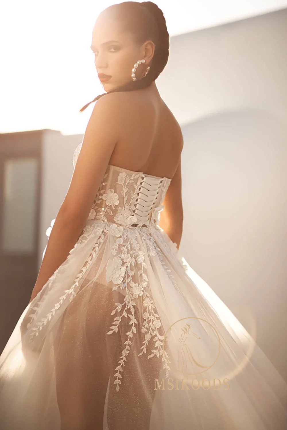 Msikoods Boho Wedding Dress Off Shoulder Puffy Sleeves Wedding Gown Slit Illusion Lace Appliques Sexy Bridal Gown Customized