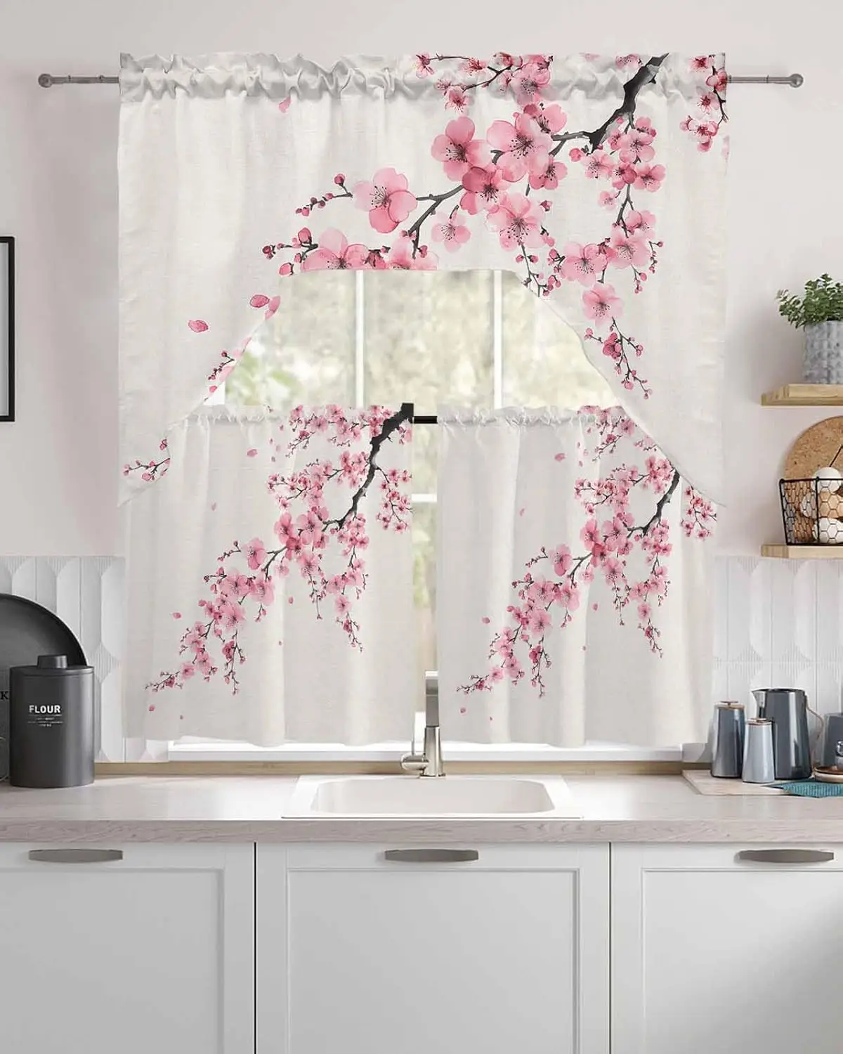 Pink Cherry Blossom Window Valance Japanese Sakura Branch Print Floral Decor for Kitchen Cafe