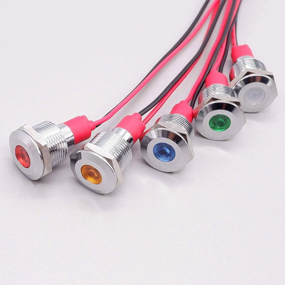 12mm With Wire LED Signal Light Power Supply Indicator Lamp Metal Indicator Light 3v 6v 12v 24v 110v 220v Red Orange Green White