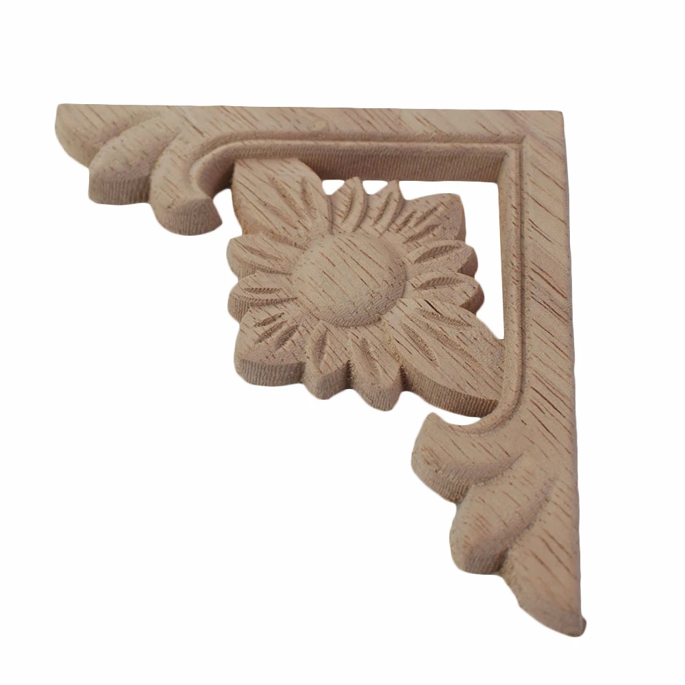 4PCS Floral Wood Carved Wooden Figurines Crafts Corner Appliques Frame Wall Door Furniture Wood Carving Sculptures Decorative