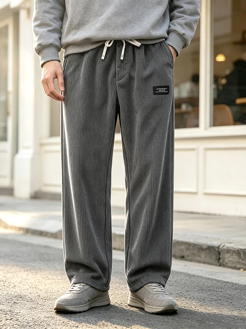 Herren Cordhose für Frühling/Herbst, Regular Fit, elastischer Kordelzug in der Taille, gerade Beine, Seitentaschen, lässig, für den Alltag, Arbeit, Streetwear – Detail 3